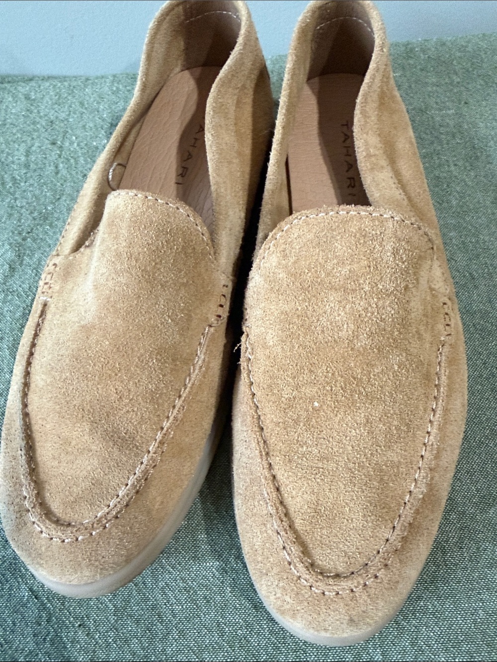 Tahari women’s Suede Slip-On Loafers in Light Brown